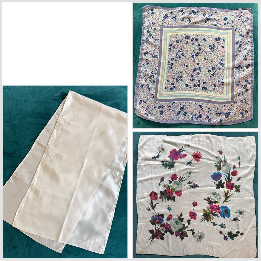 Vintage Floral Scarf Bundle Lavender White Cream Silk Style Square Rectangle 3pc